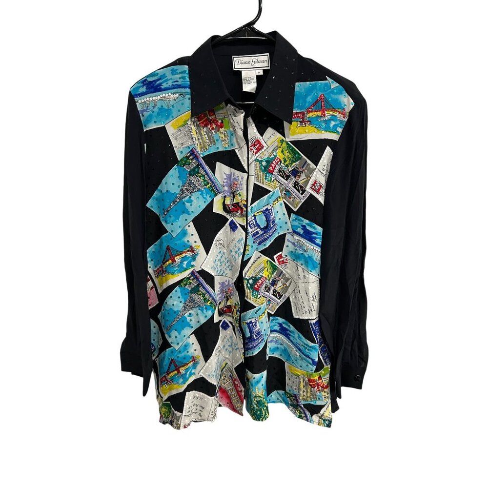 Vintage Diane Gilman Silk Button Up Top Postcard Print Black Sleeves Size Medium